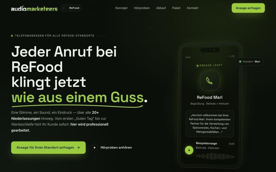 Screenshot der Website von audiomarketeers · ReFood