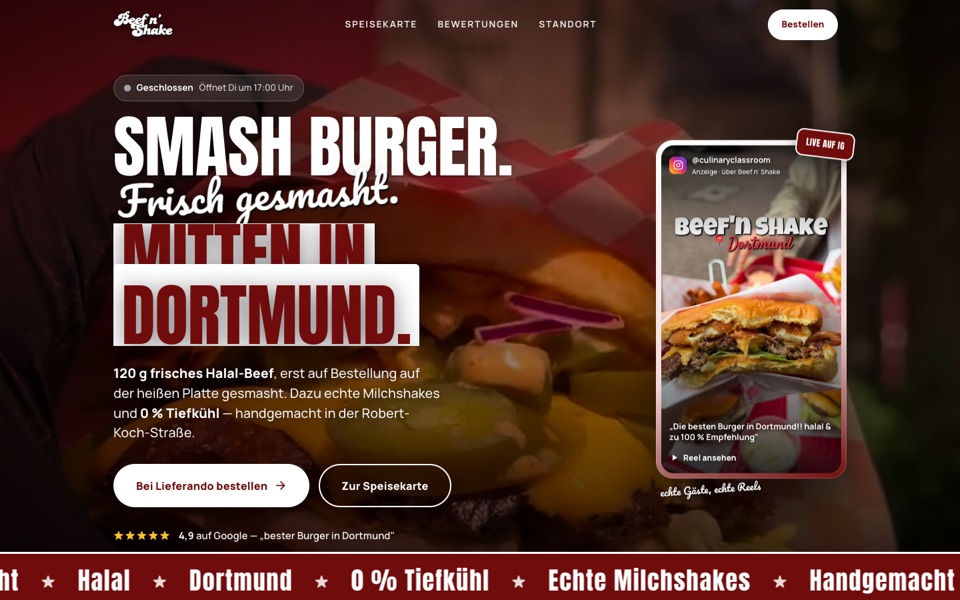Screenshot der Website von Beef n' Shake