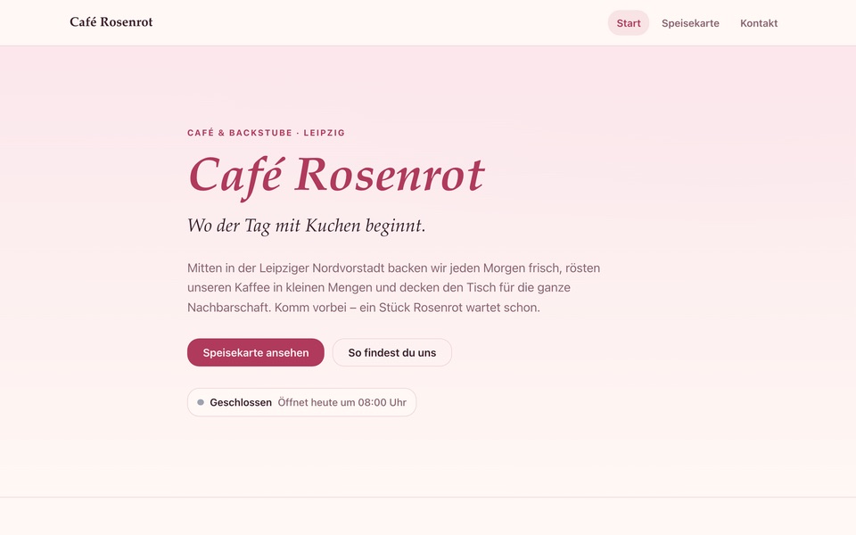 Screenshot der Website von Café Rosenrot