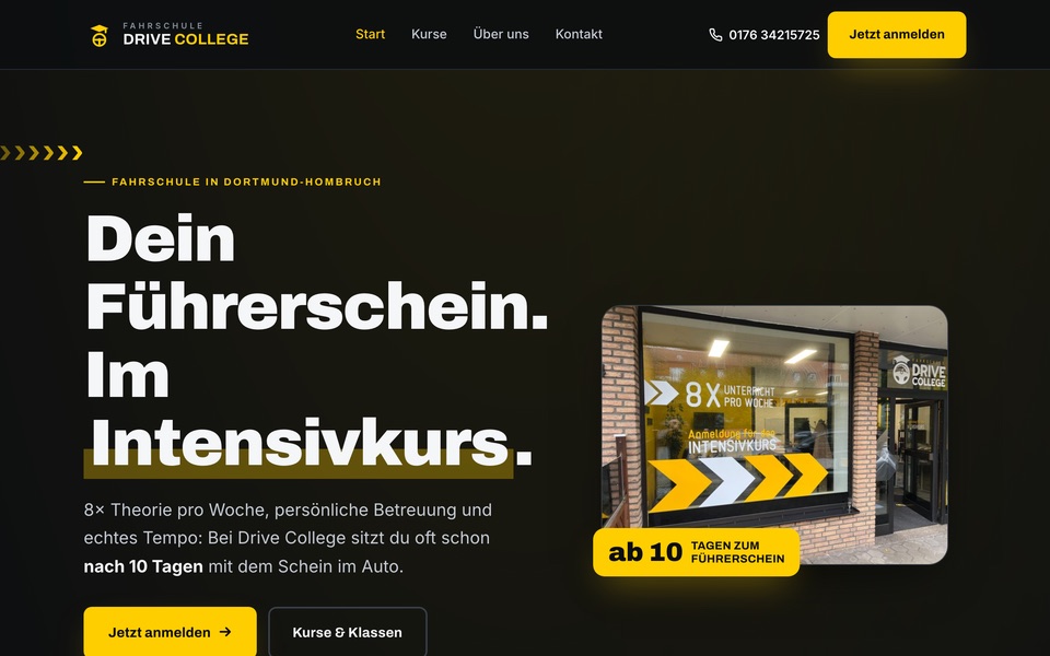 Screenshot der Website von Fahrschule Drive College