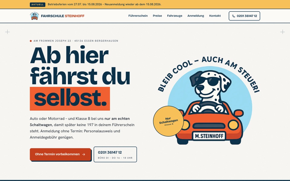 Screenshot der Website von Fahrschule Steinhoff