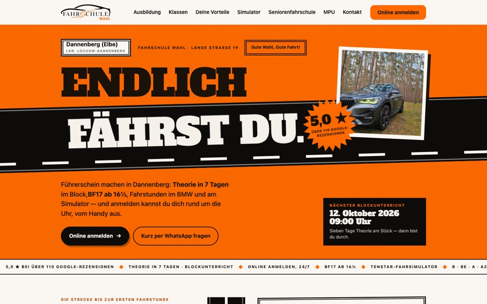 Screenshot der Website von Fahrschule Wahl