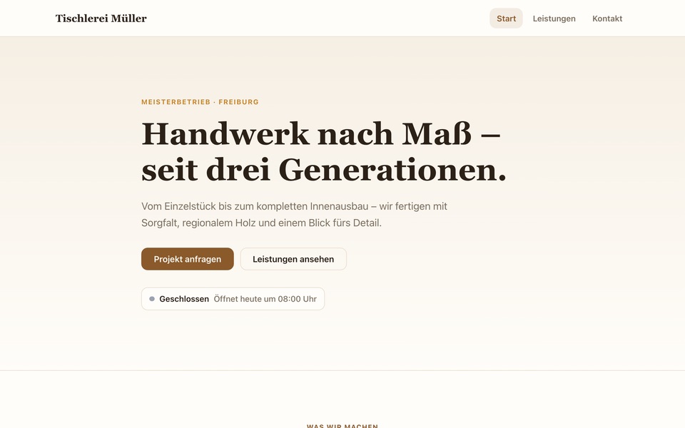 Screenshot der Website von Tischlerei Müller