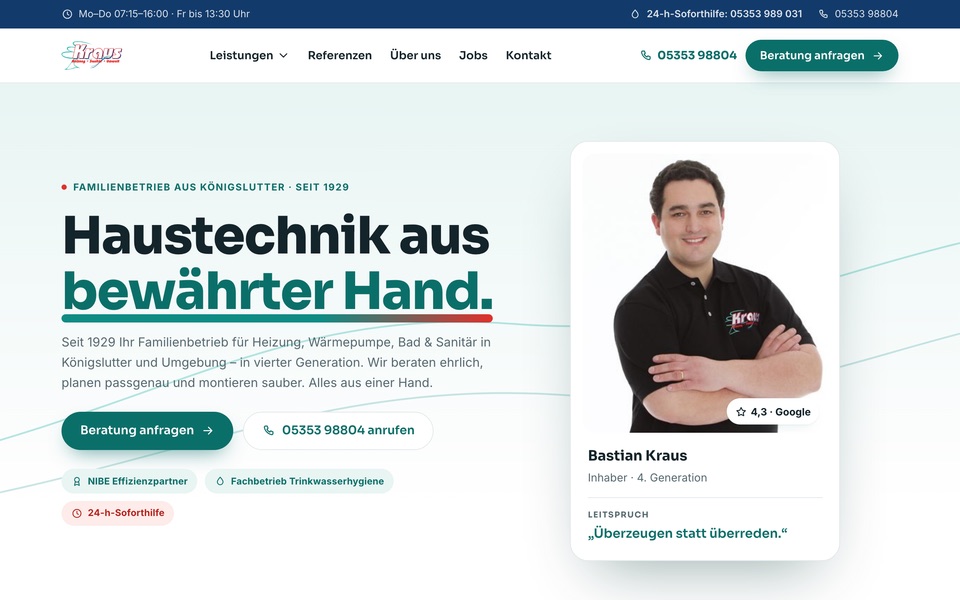 Screenshot der Website von Kraus Heizung · Sanitär